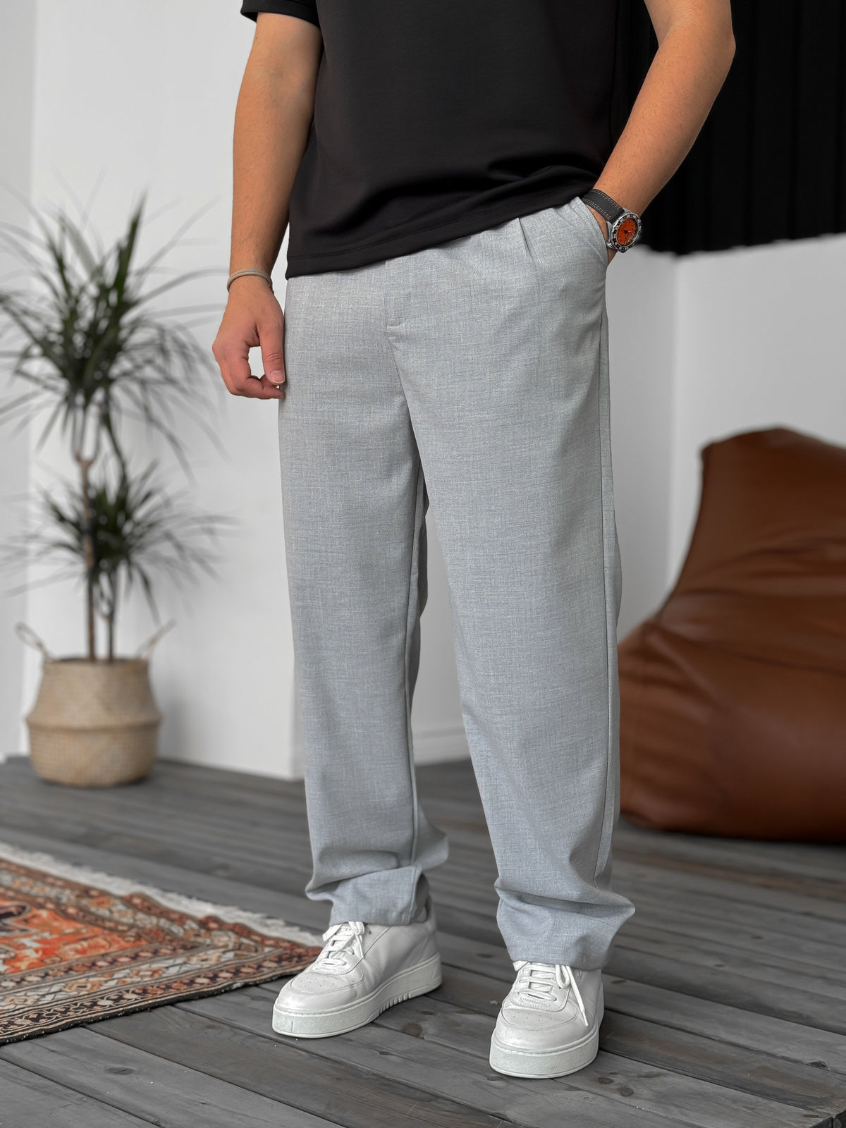 Gray Loose Patterned Fabric Trousers