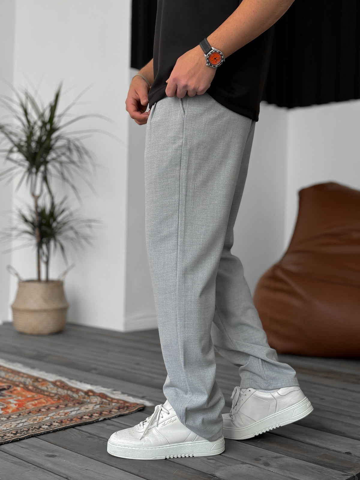 Gray Loose Patterned Fabric Trousers