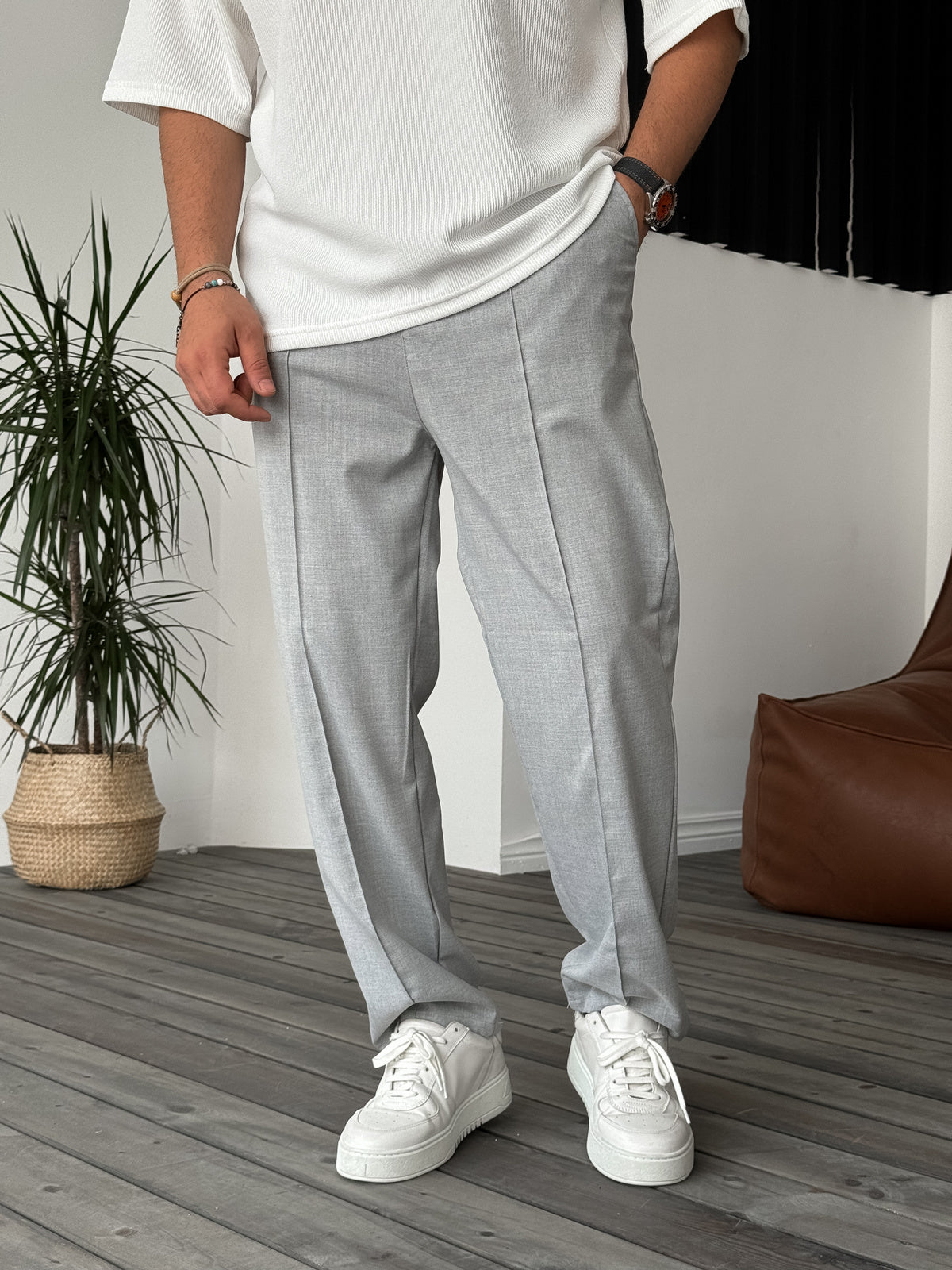 Gray Stitched Loose Fit Fabric Trousers