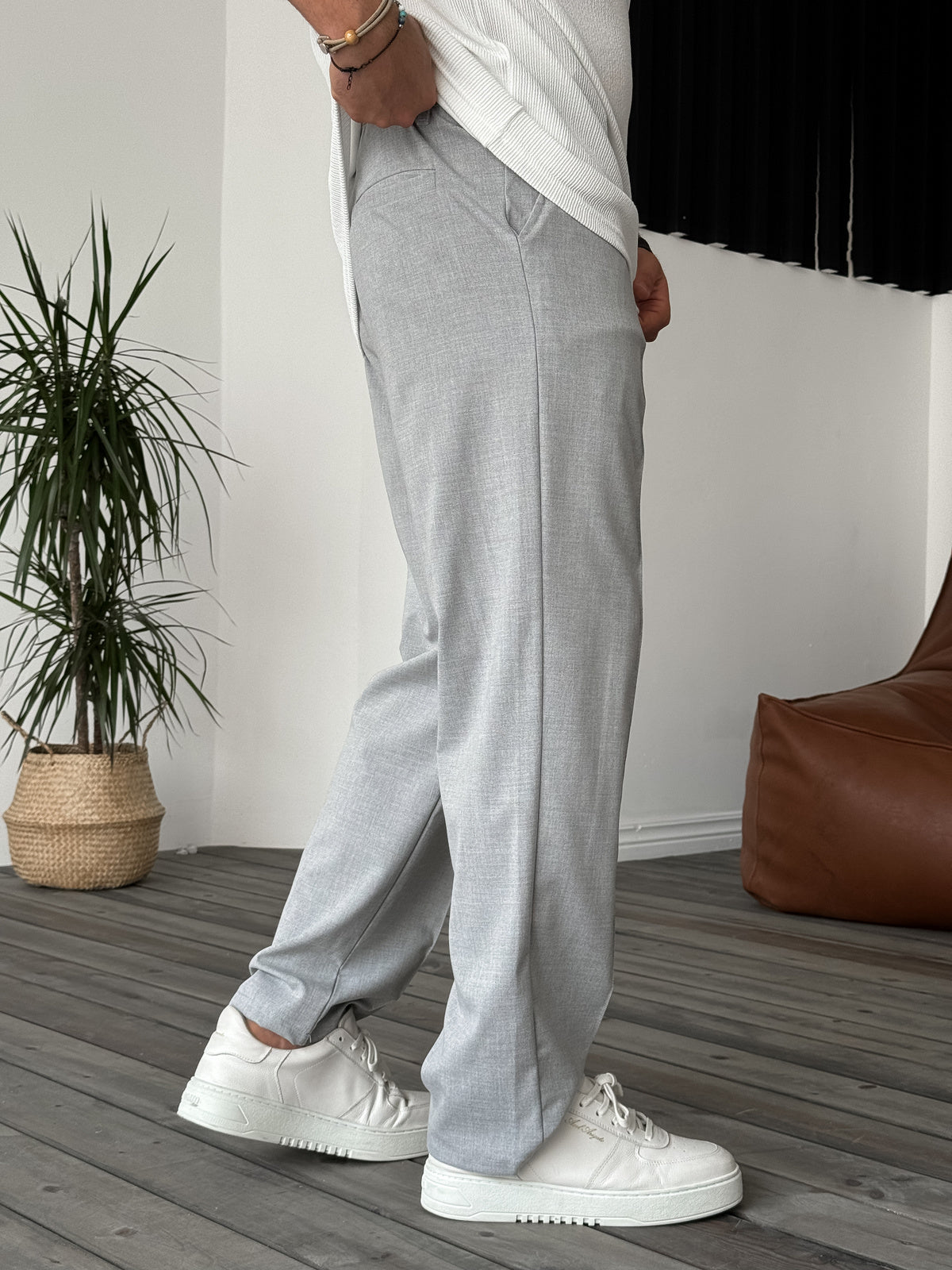 Gray Stitched Loose Fit Fabric Trousers