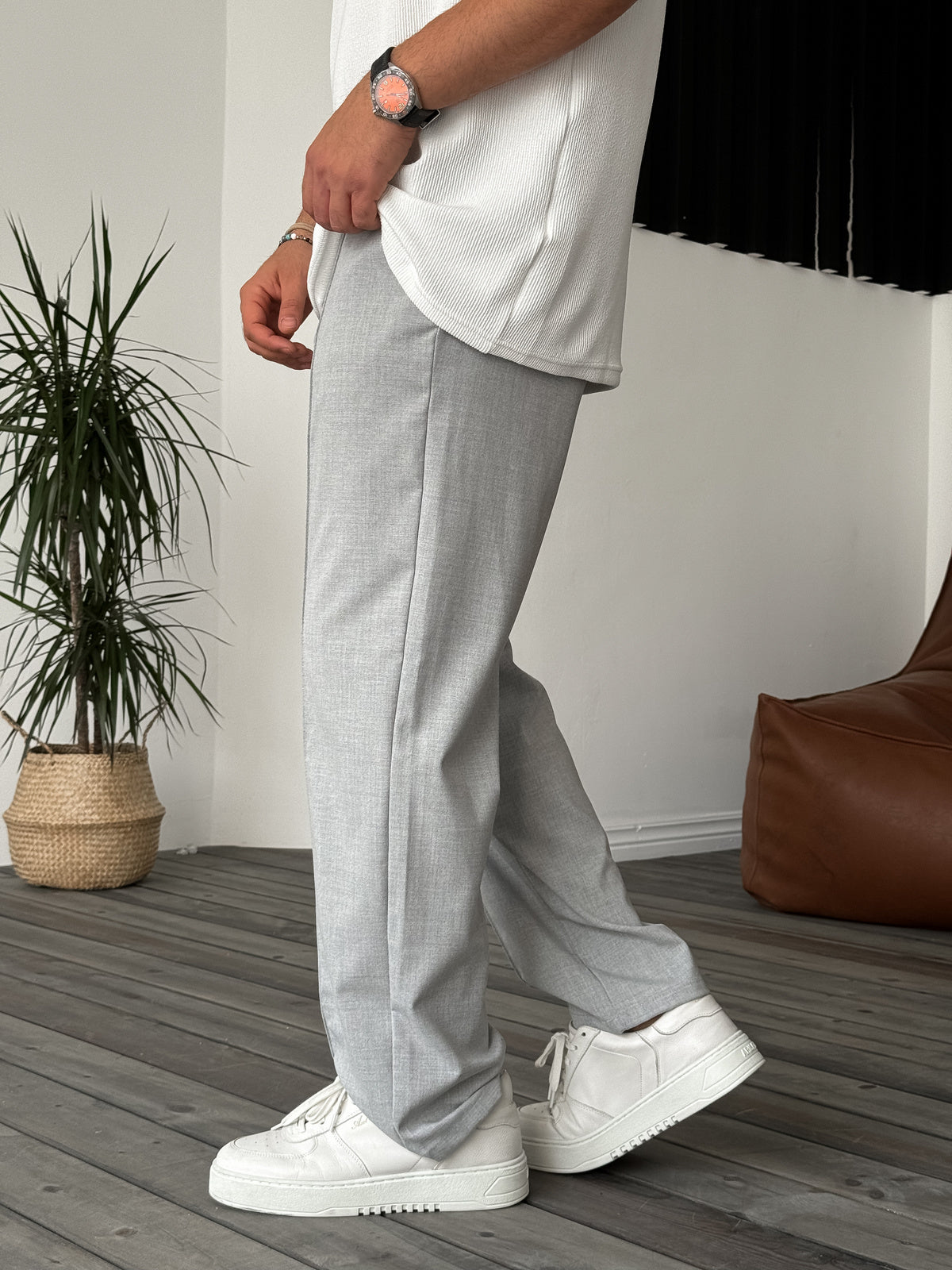 Gray Stitched Loose Fit Fabric Trousers