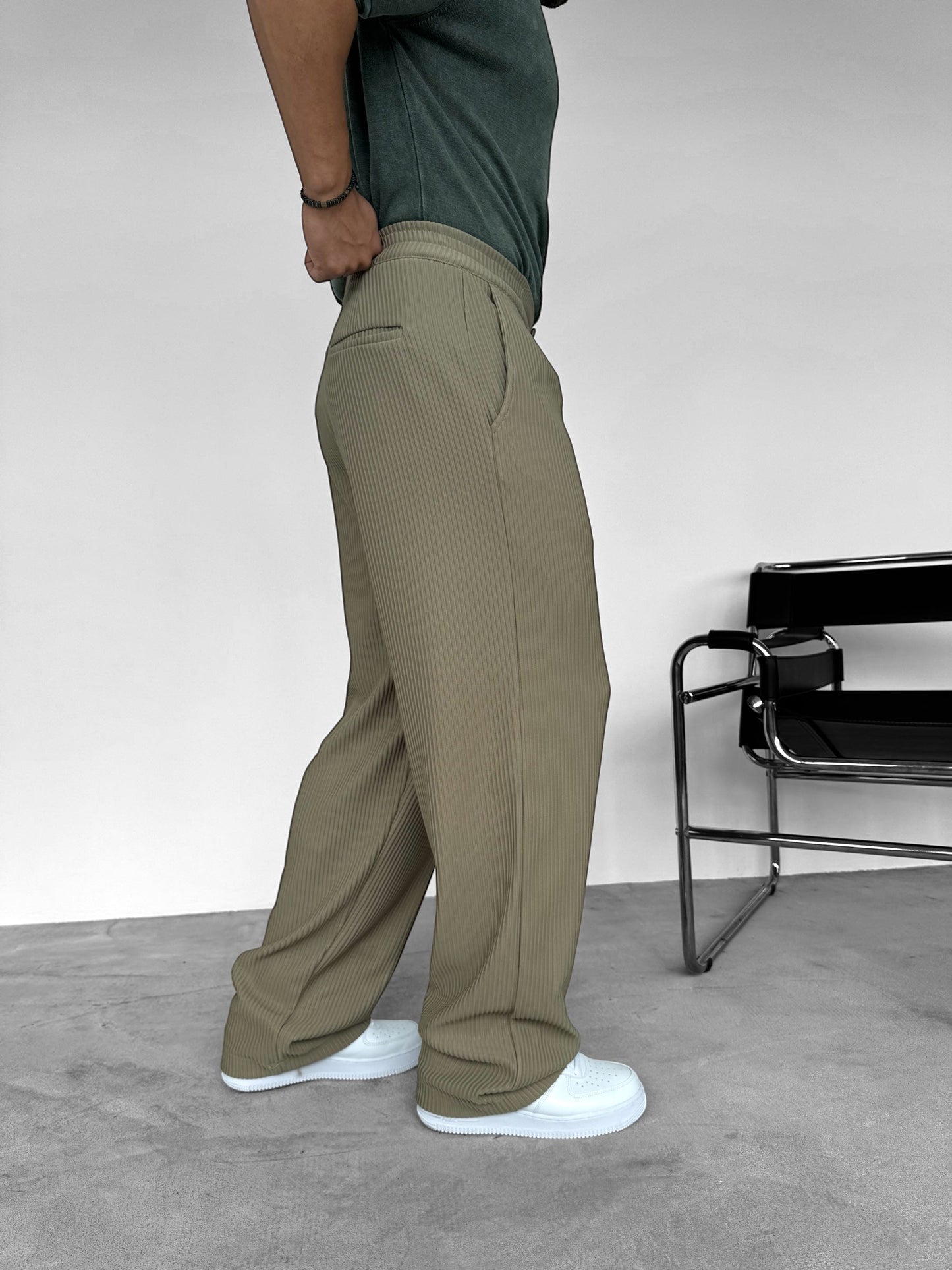 Navy Green Ribbed Tube Leg Trousers