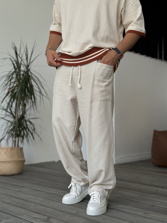 Beige Front Pocket Stitched Trousers