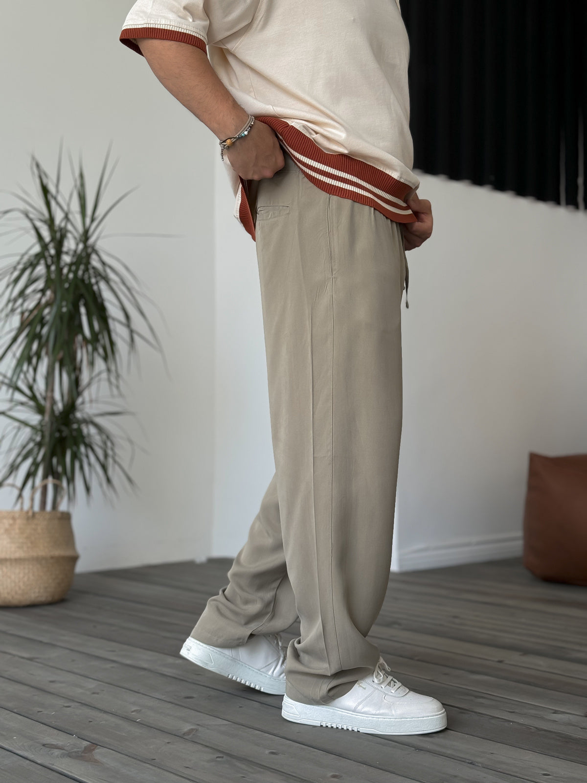 Khaki Tencel Fabric Baggy Trousers