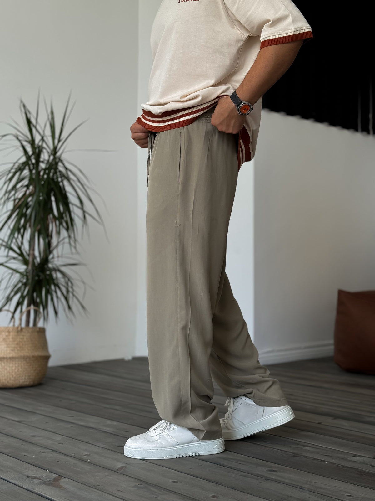 Khaki Tencel Fabric Baggy Trousers