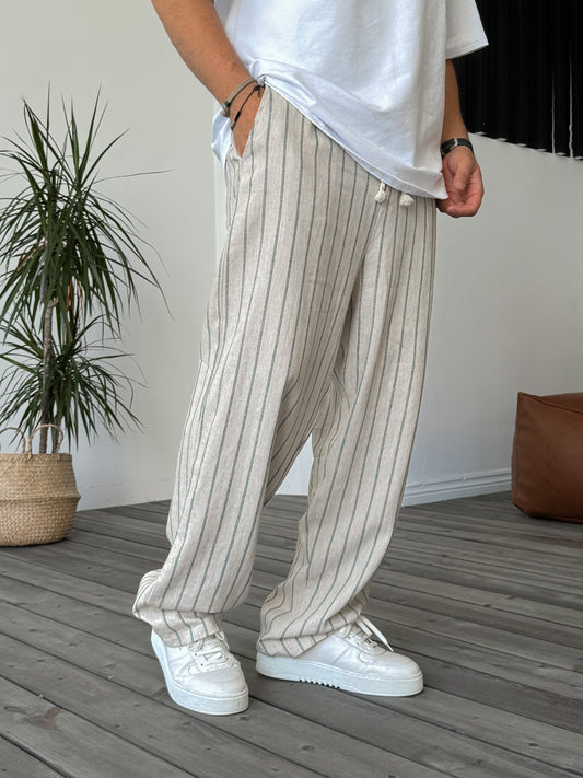 Beige Striped Straw Rope Detailed Trousers