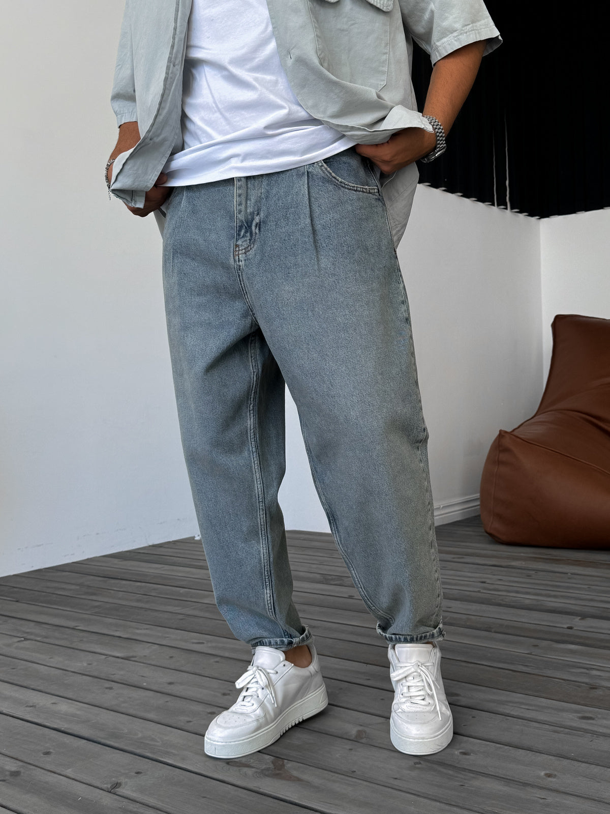 Light Blue Pleated Loose Fit Trousers