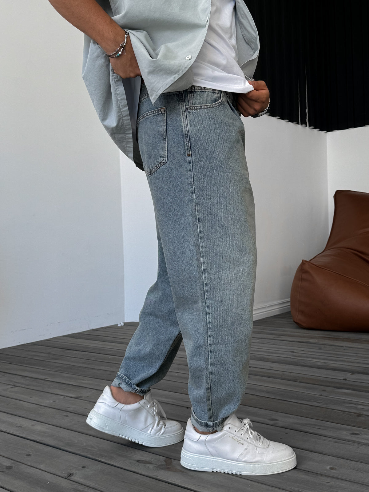 Light Blue Pleated Loose Fit Trousers