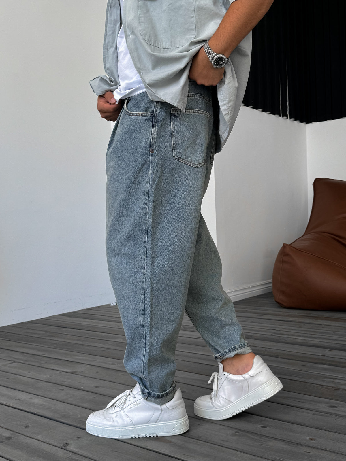 Light Blue Pleated Loose Fit Trousers