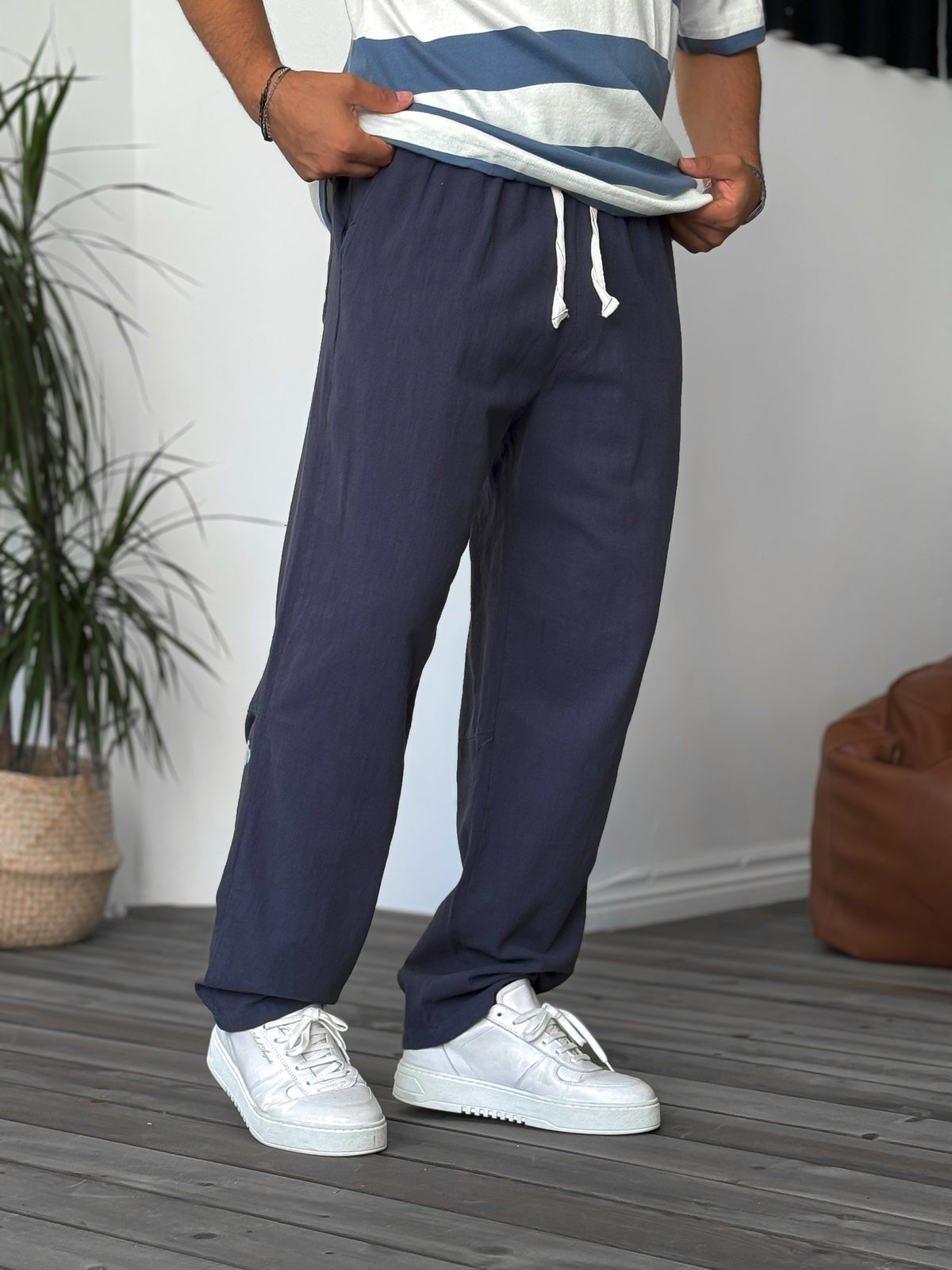 Navy Blue Seam Detailed Linen Trousers