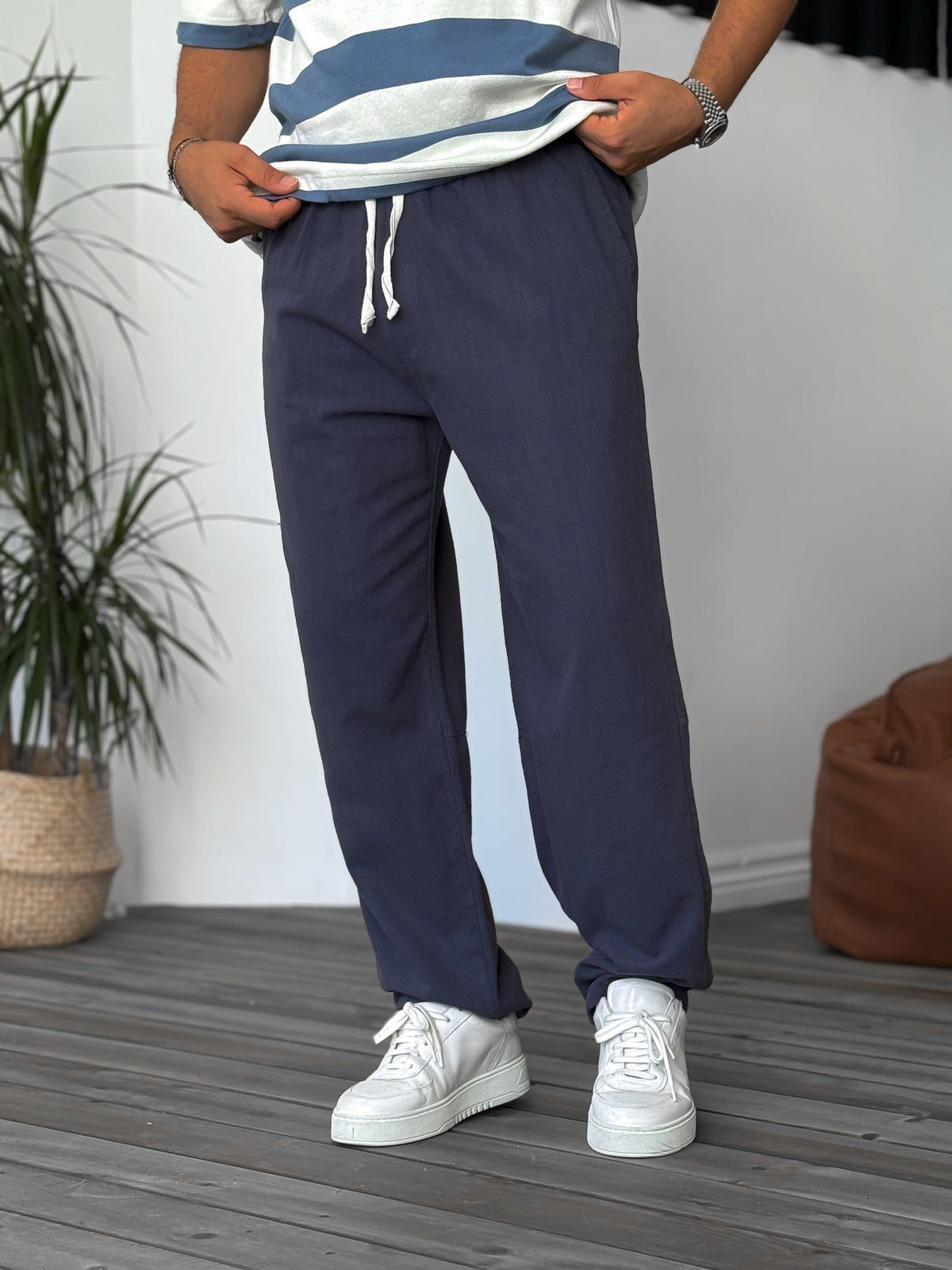 Navy Blue Seam Detailed Linen Trousers