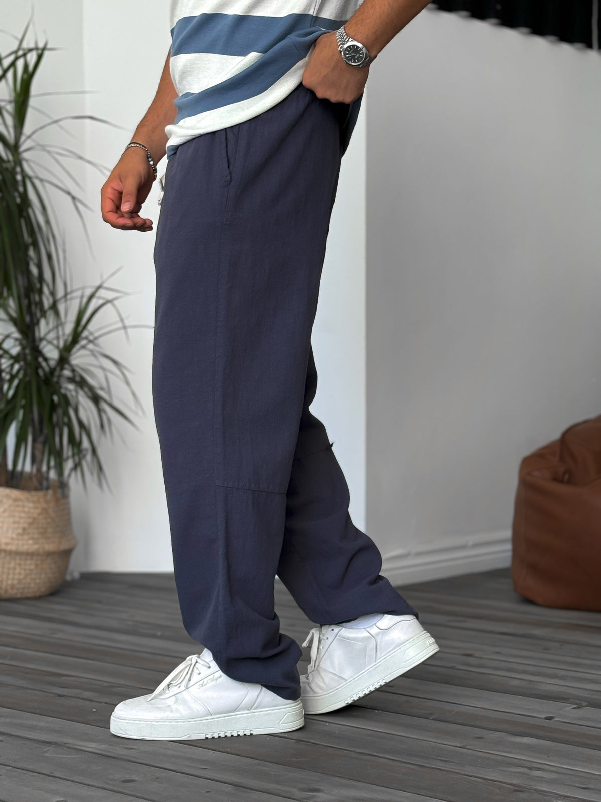 Navy Blue Seam Detailed Linen Trousers