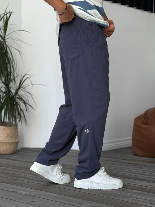 Navy Blue Seam Detailed Linen Trousers