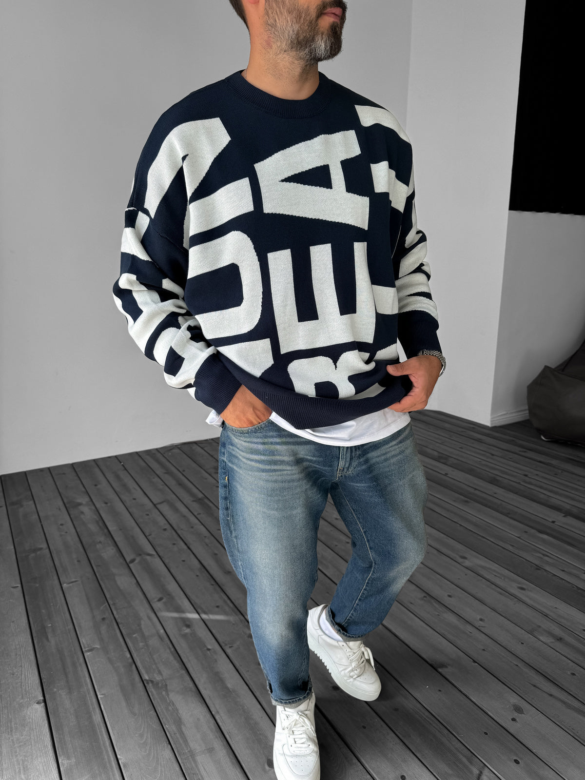 Navy Blue Letter Embroidered Knitted Sweatshirt