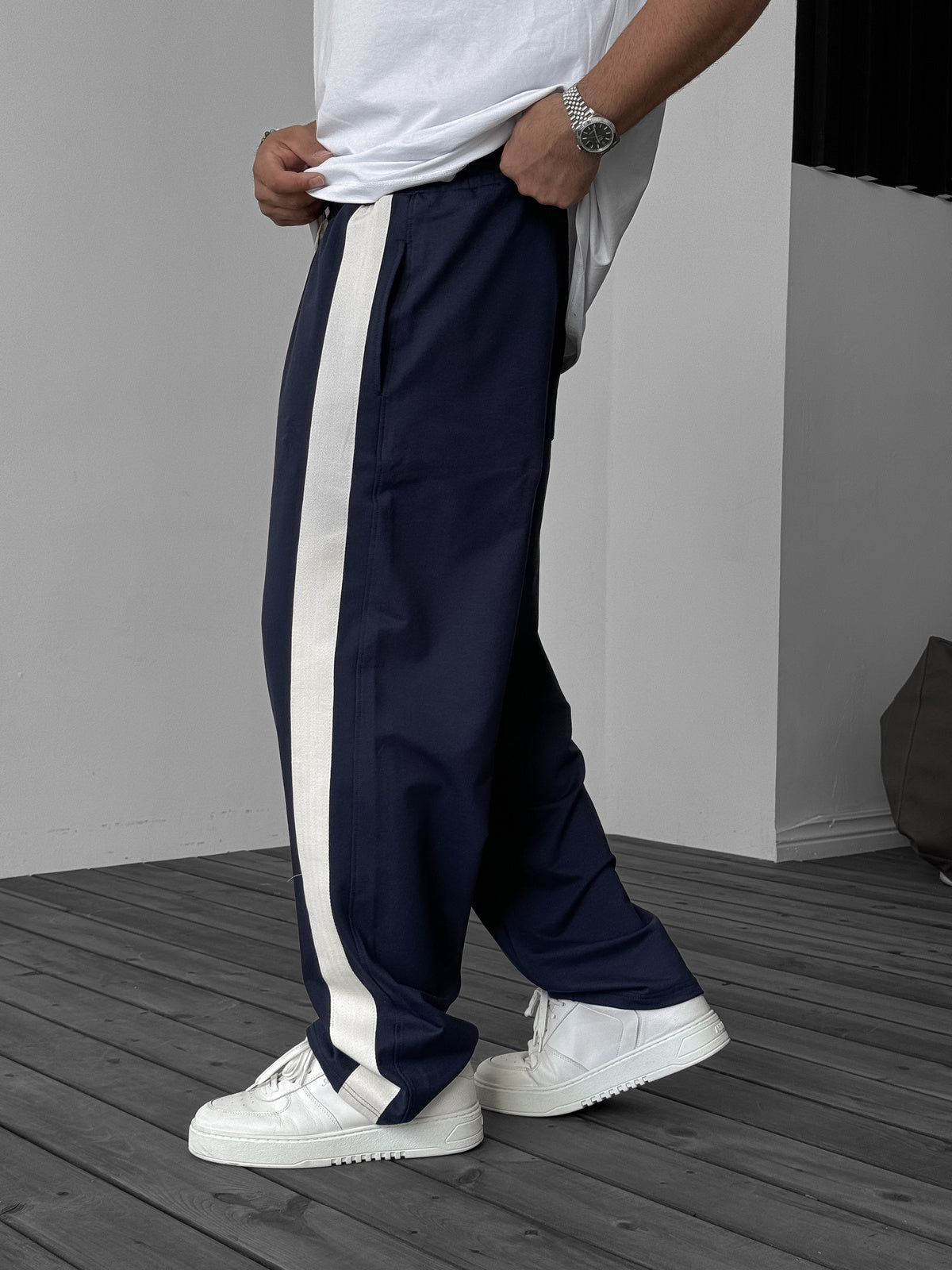 Navy Blue Straw Striped Pipe Leg Tracksuit