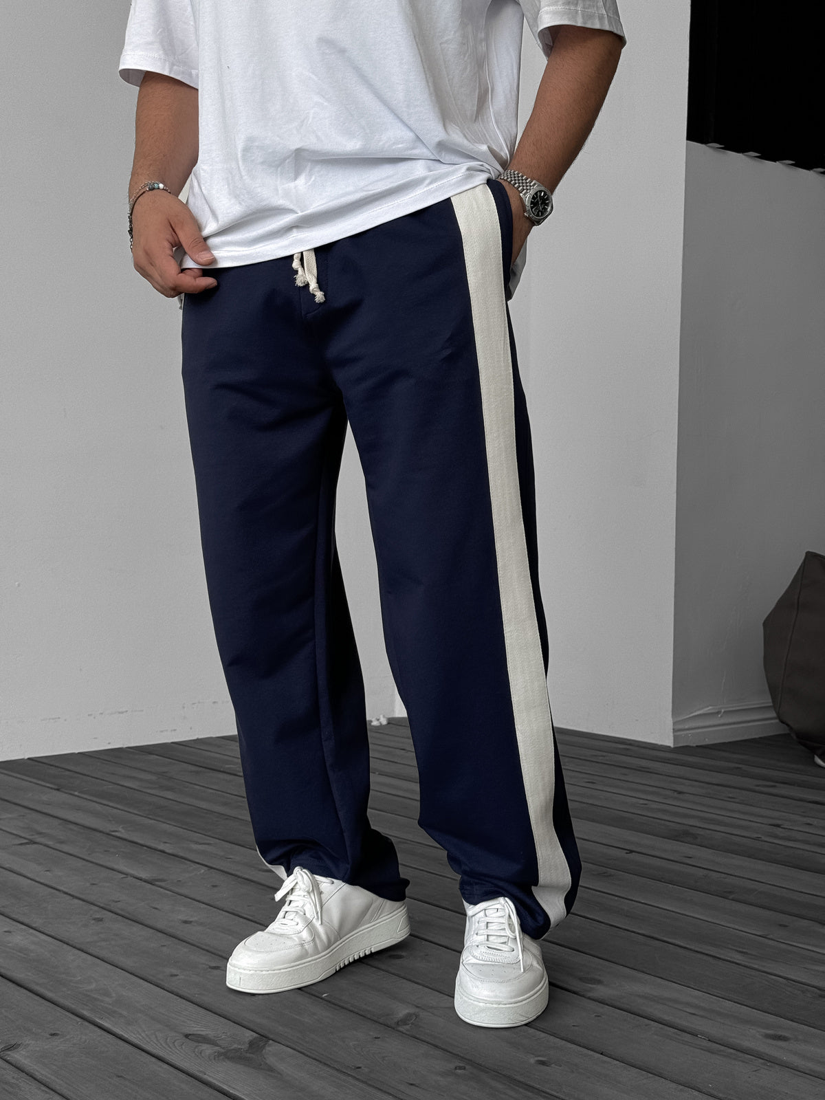 Navy Blue Straw Striped Pipe Leg Tracksuit