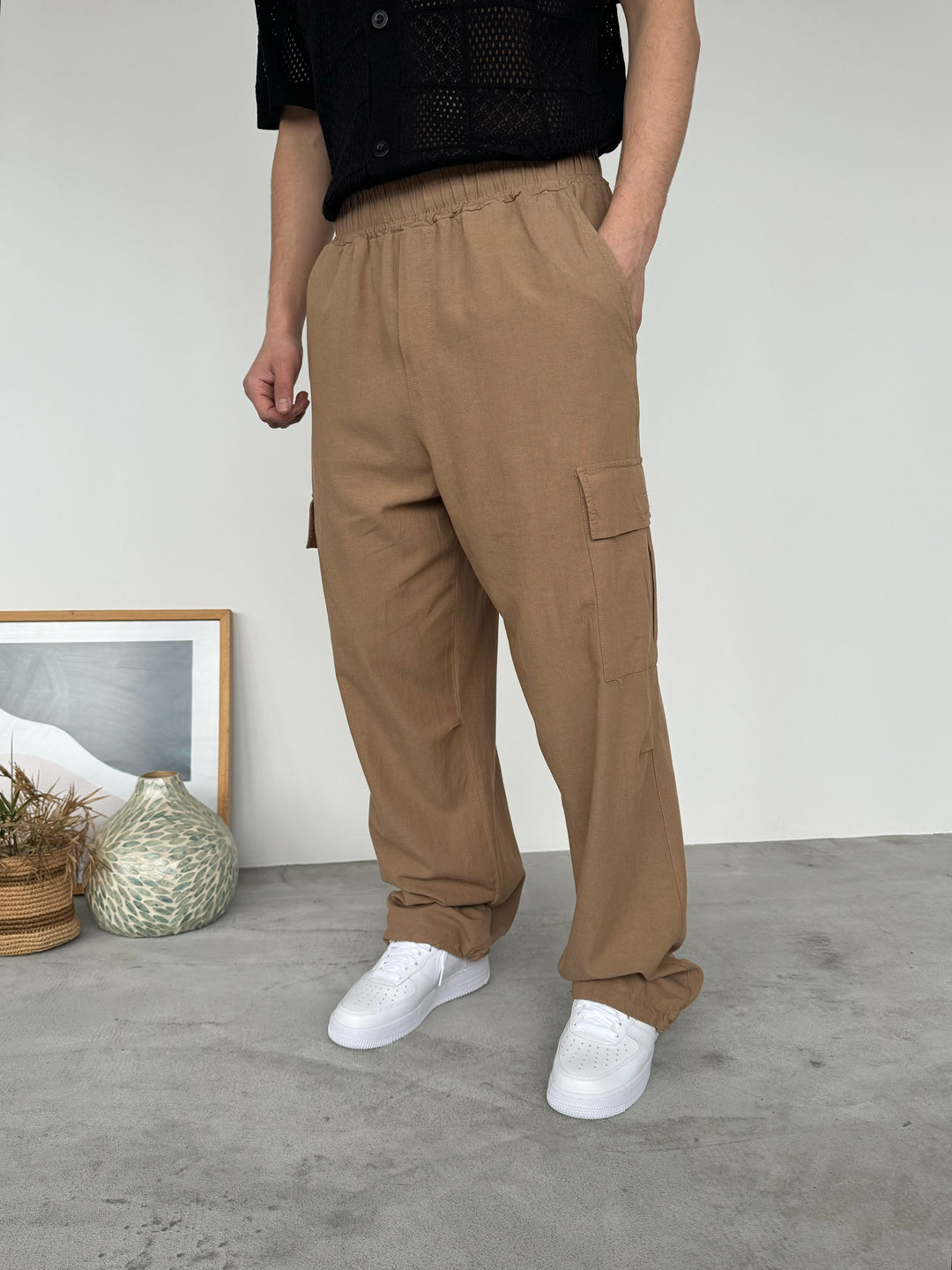 LOOSE FIT LINEN CARGO TROUSERS | CAMEL