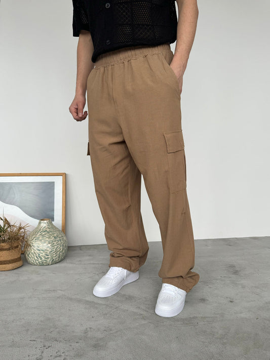 LOOSE FIT LINEN CARGO TROUSERS | CAMEL