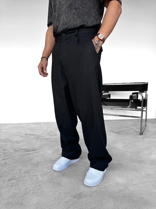 PLEATED RAW LINEN TROUSERS | BLACK