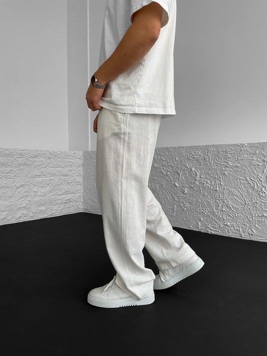 White Back Seam Detailed Linen Trousers