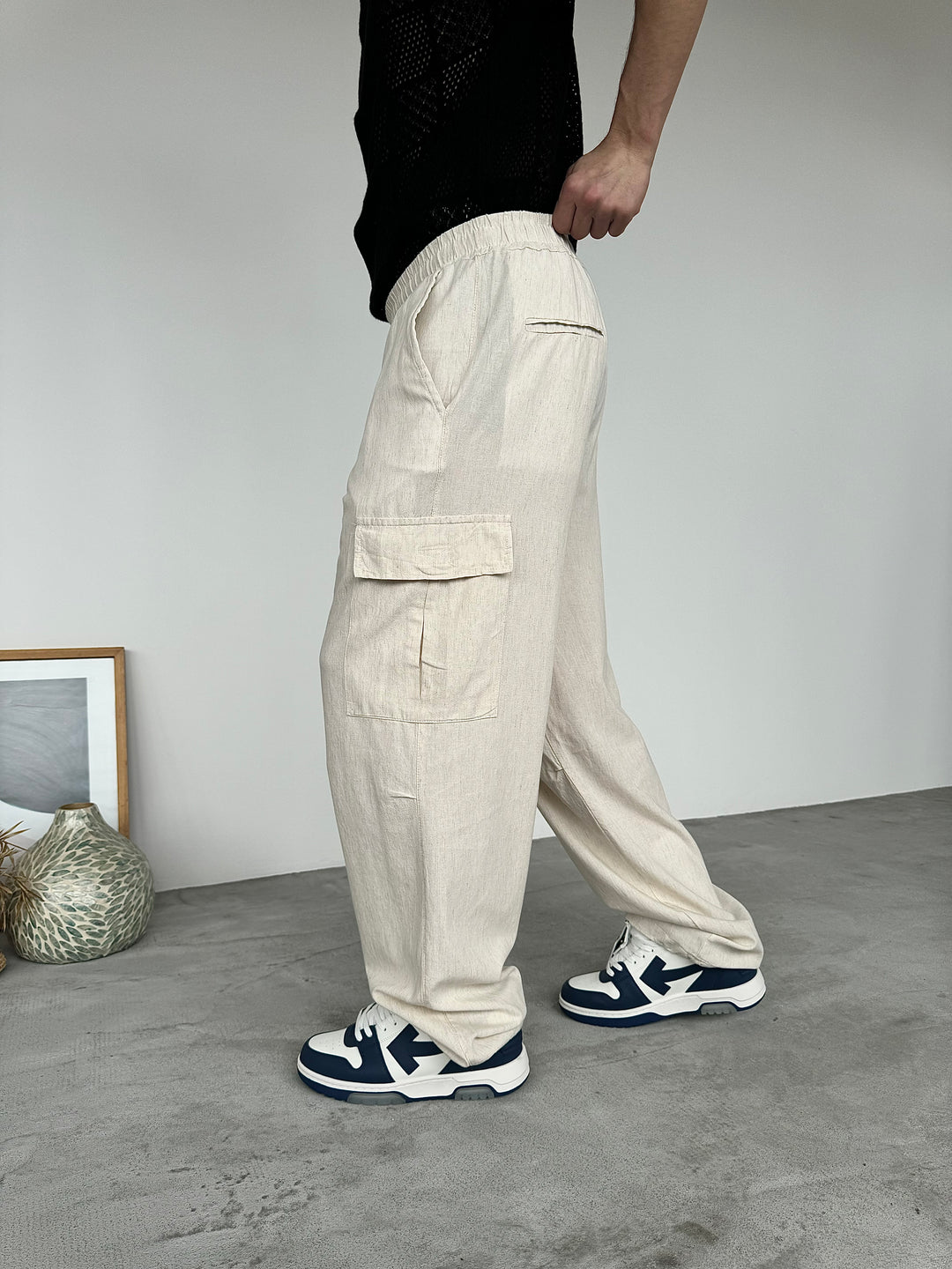 LOOSE FIT LINEN CARGO TROUSERS | CREAM