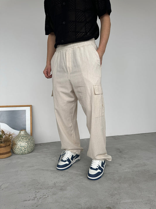 LOOSE FIT LINEN CARGO TROUSERS | CREAM