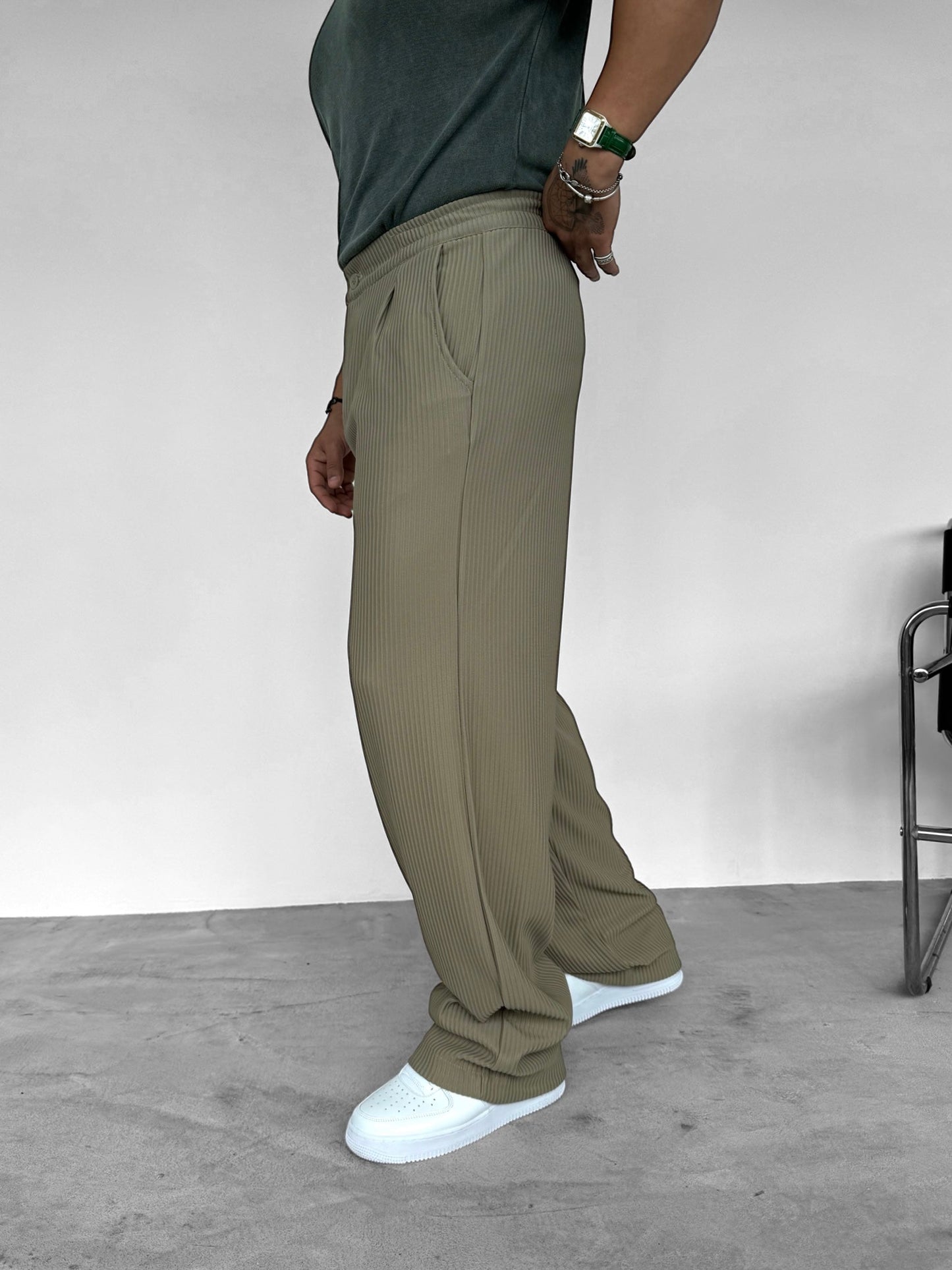 Navy Green Ribbed Tube Leg Trousers