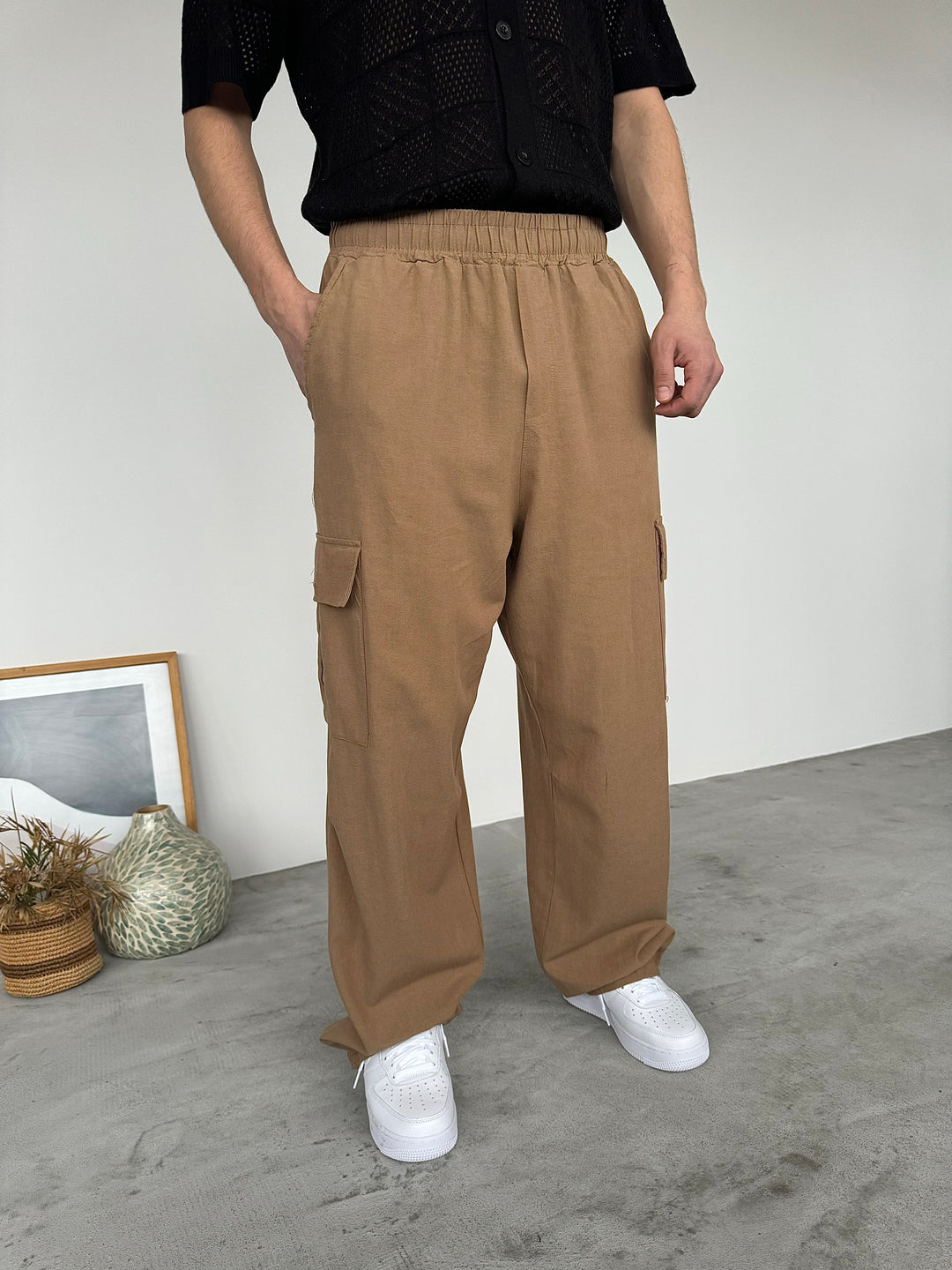 LOOSE FIT LINEN CARGO TROUSERS | CAMEL