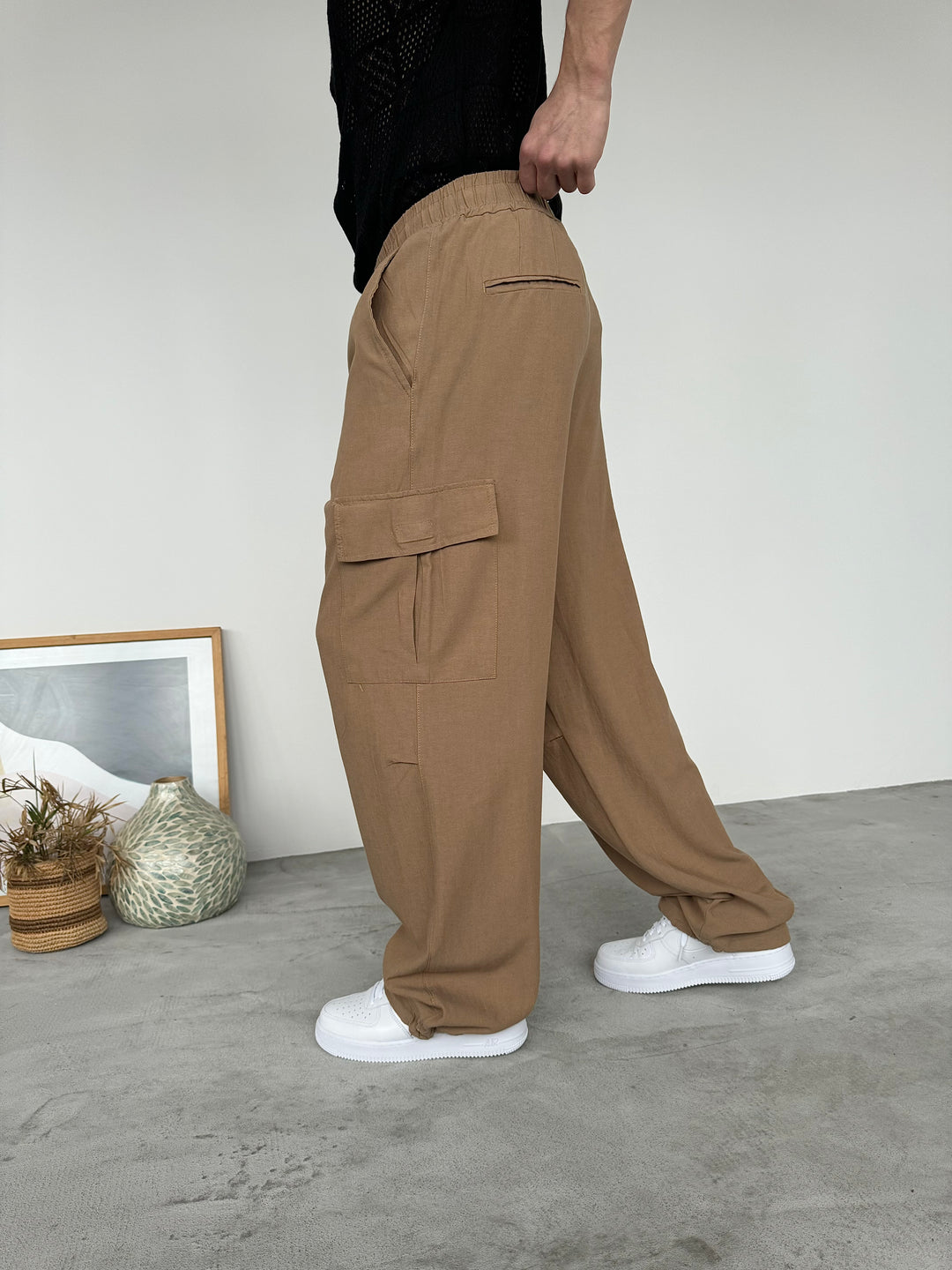 LOOSE FIT LINEN CARGO TROUSERS | CAMEL