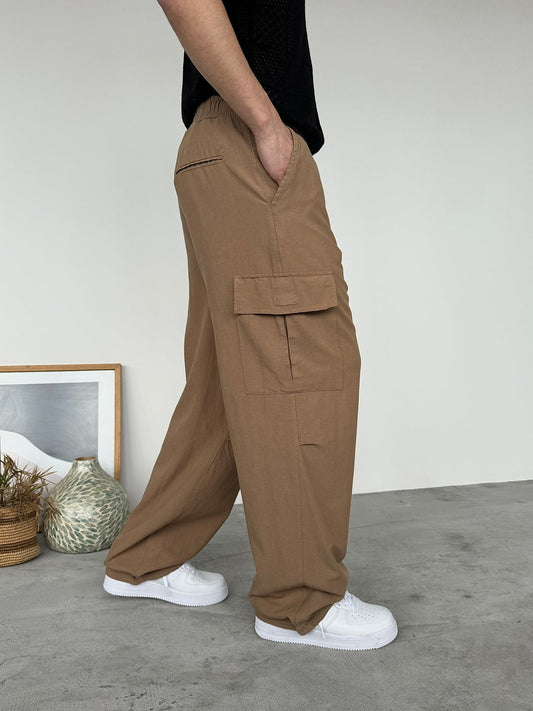 LOOSE FIT LINEN CARGO TROUSERS | CAMEL