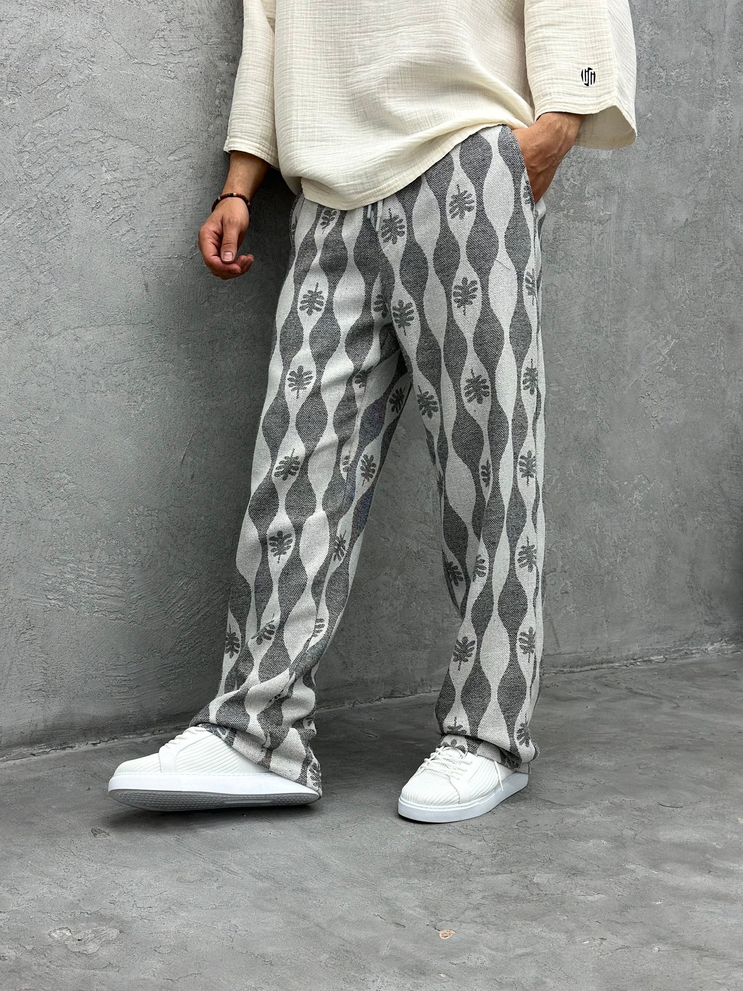 ETHNIC PATTERNED LINEN TROUSERS | GREY