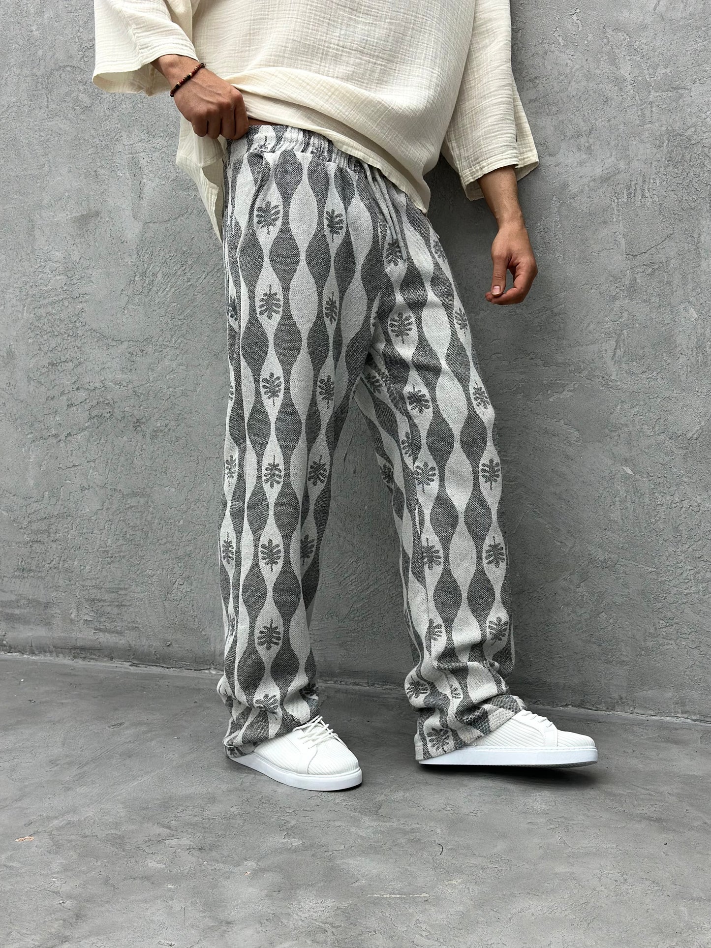 ETHNIC PATTERNED LINEN TROUSERS | GREY