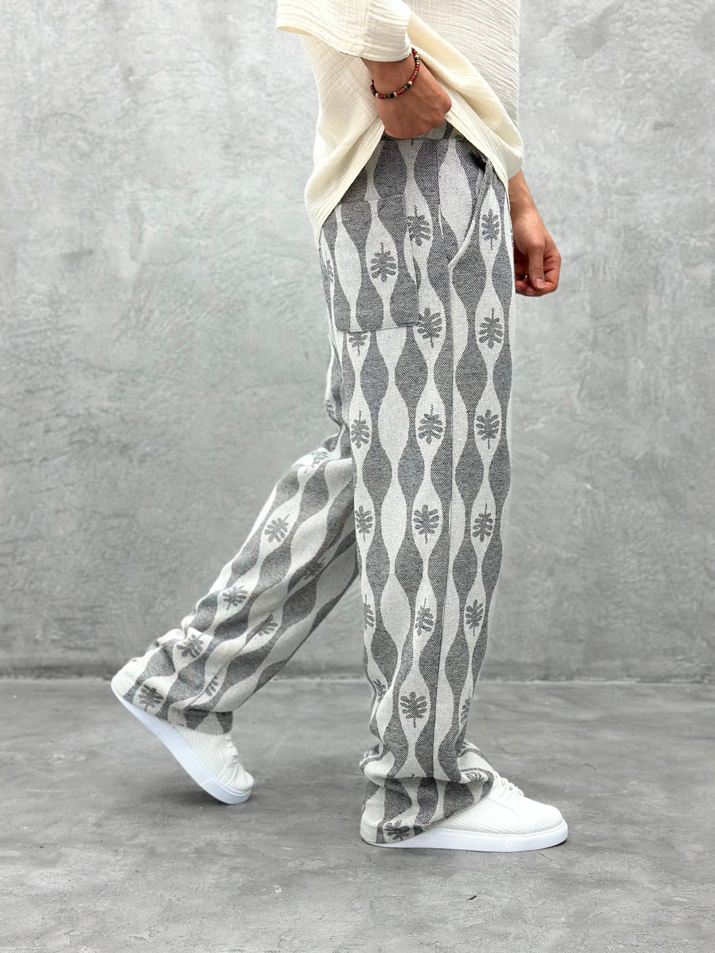 ETHNIC PATTERNED LINEN TROUSERS | GREY