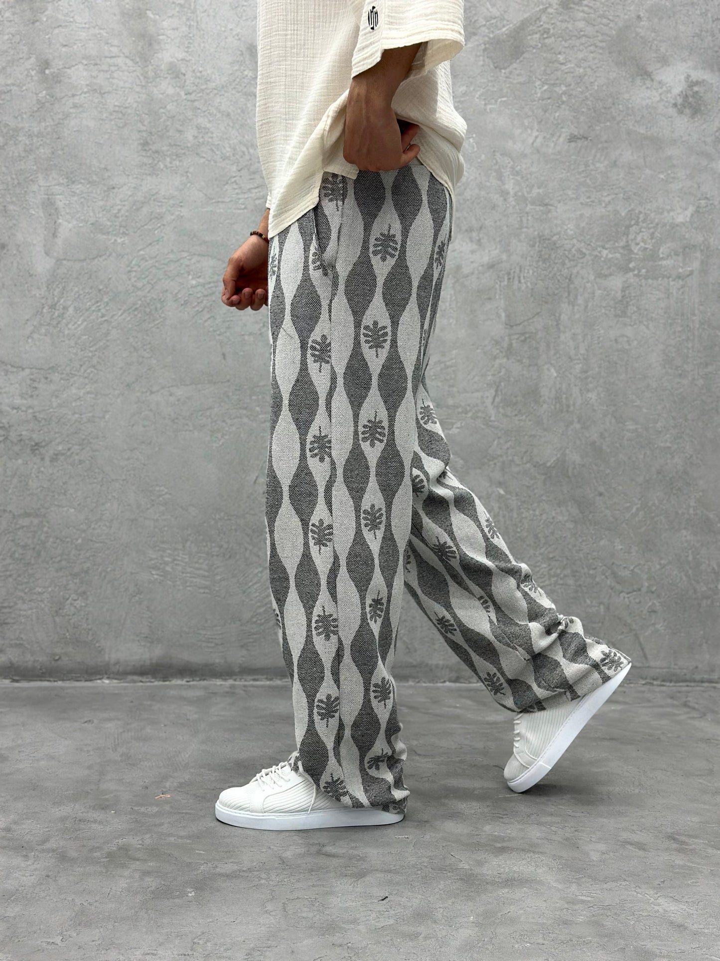 ETHNIC PATTERNED LINEN TROUSERS | GREY