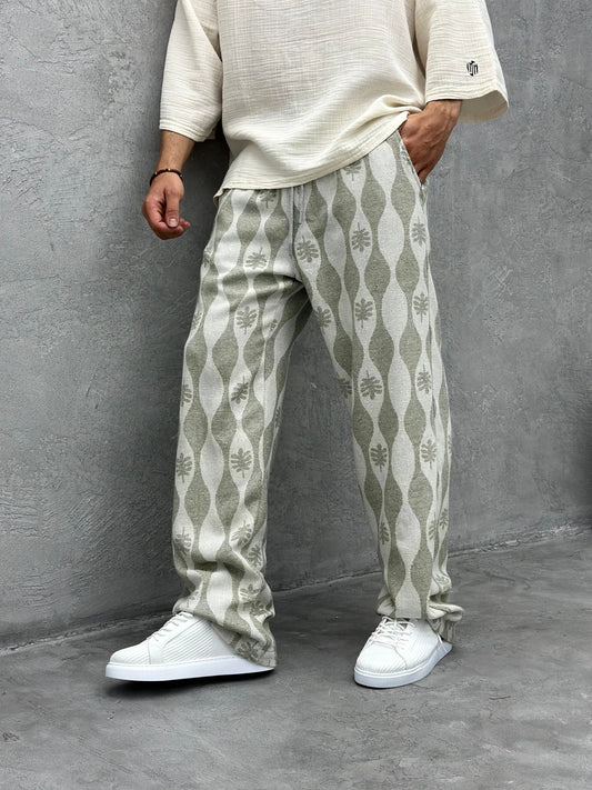 ETHNIC PATTERNED LINEN TROUSERS | KHAKI