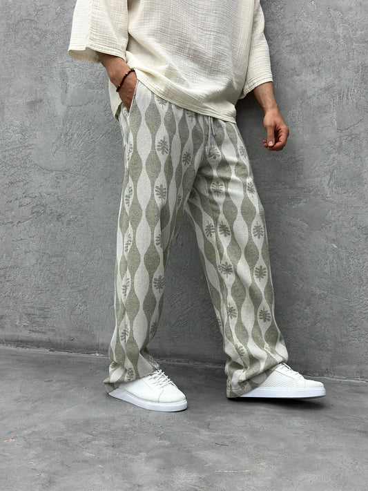 ETHNIC PATTERNED LINEN TROUSERS | KHAKI