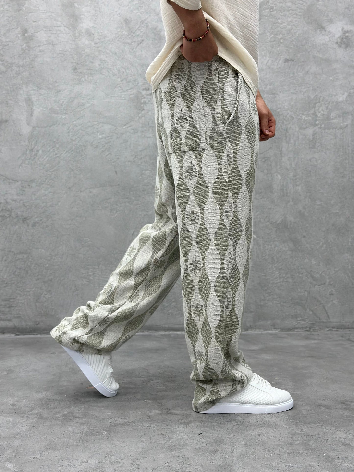 ETHNIC PATTERNED LINEN TROUSERS | KHAKI