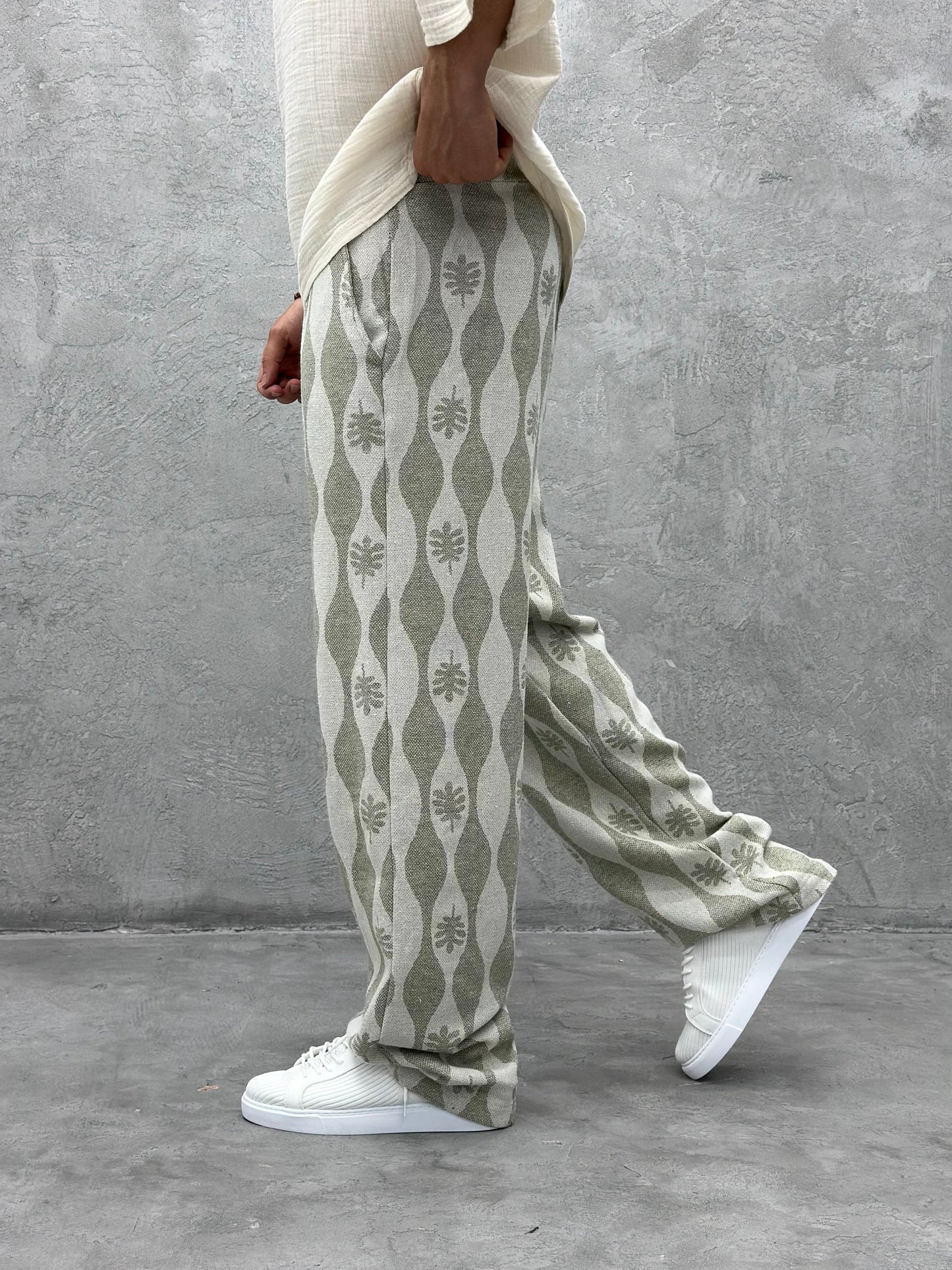 ETHNIC PATTERNED LINEN TROUSERS | KHAKI