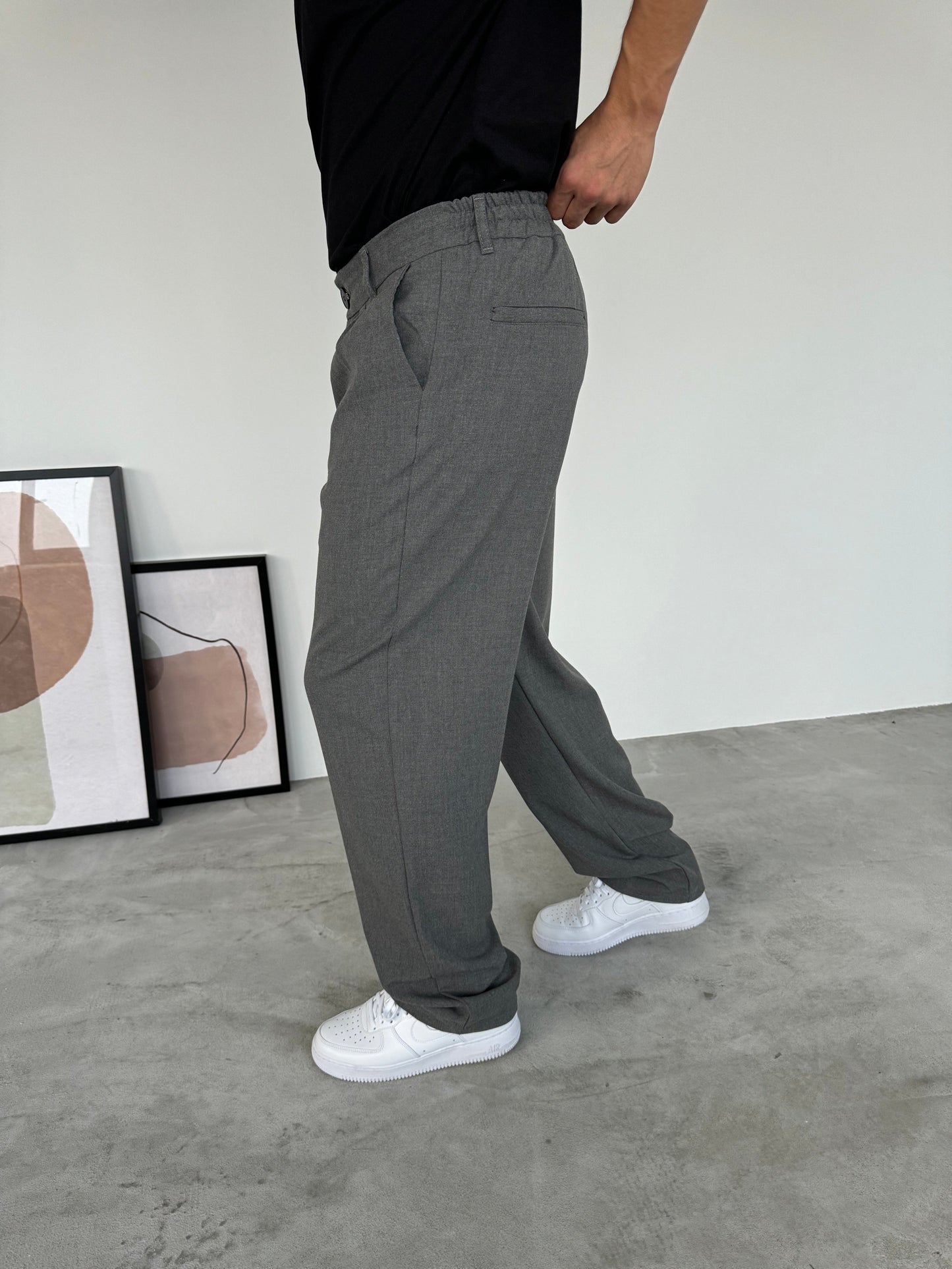 Dark Gray Loose Patterned Fabric Trousers