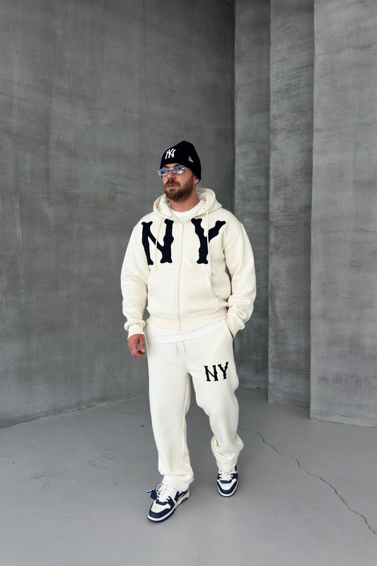 OVERSIZED THREE THREAD NY EMBROIDERED TRACKSUIT • CREAM