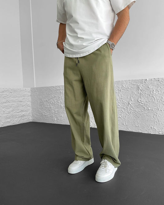 Khaki Seam Detailed Linen Trousers