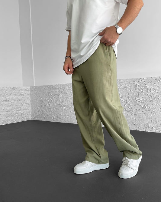 Khaki Seam Detailed Linen Trousers