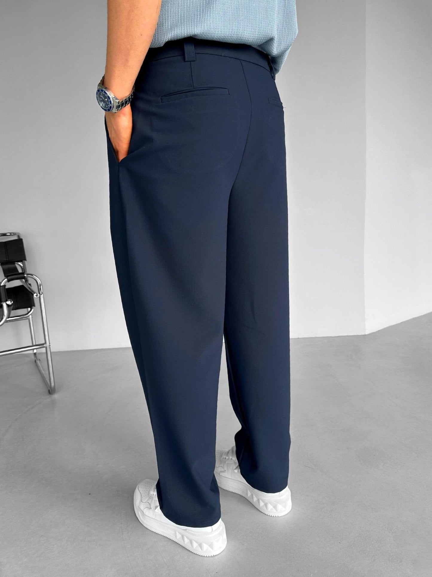 Navy Blue Loose Patterned Fabric Trousers