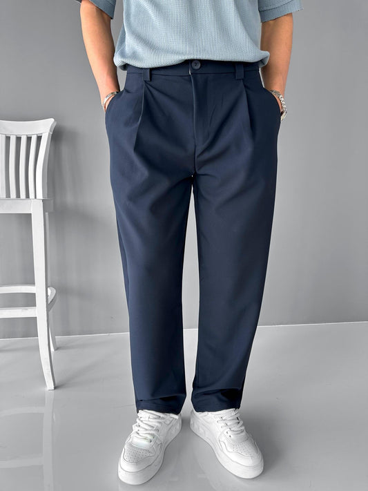 Navy Blue Loose Patterned Fabric Trousers