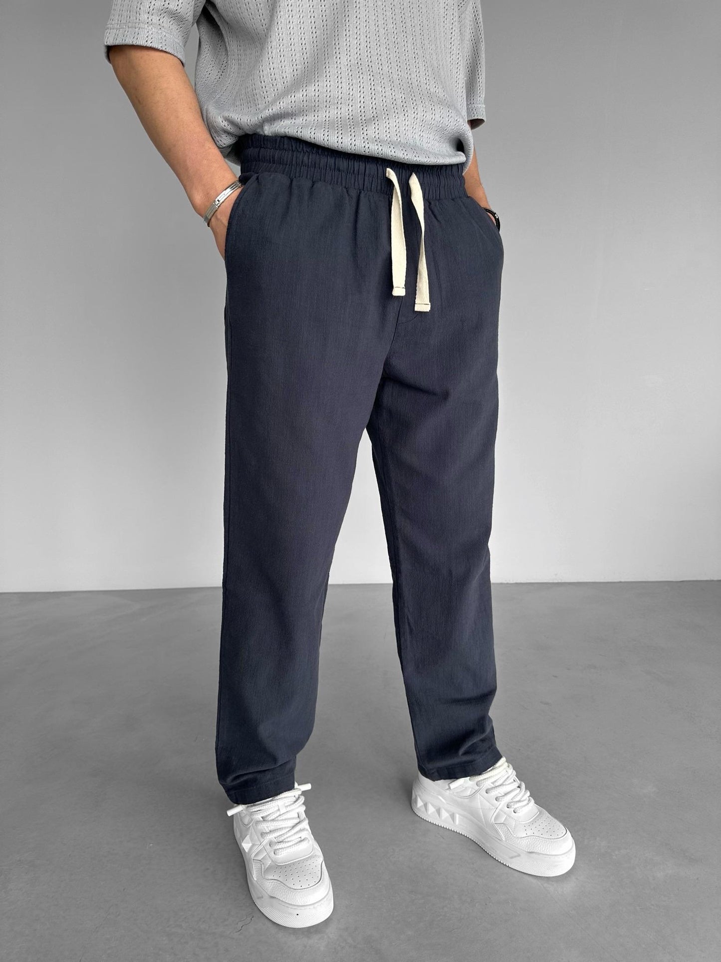 Navy Blue Seam Detailed Linen Trousers