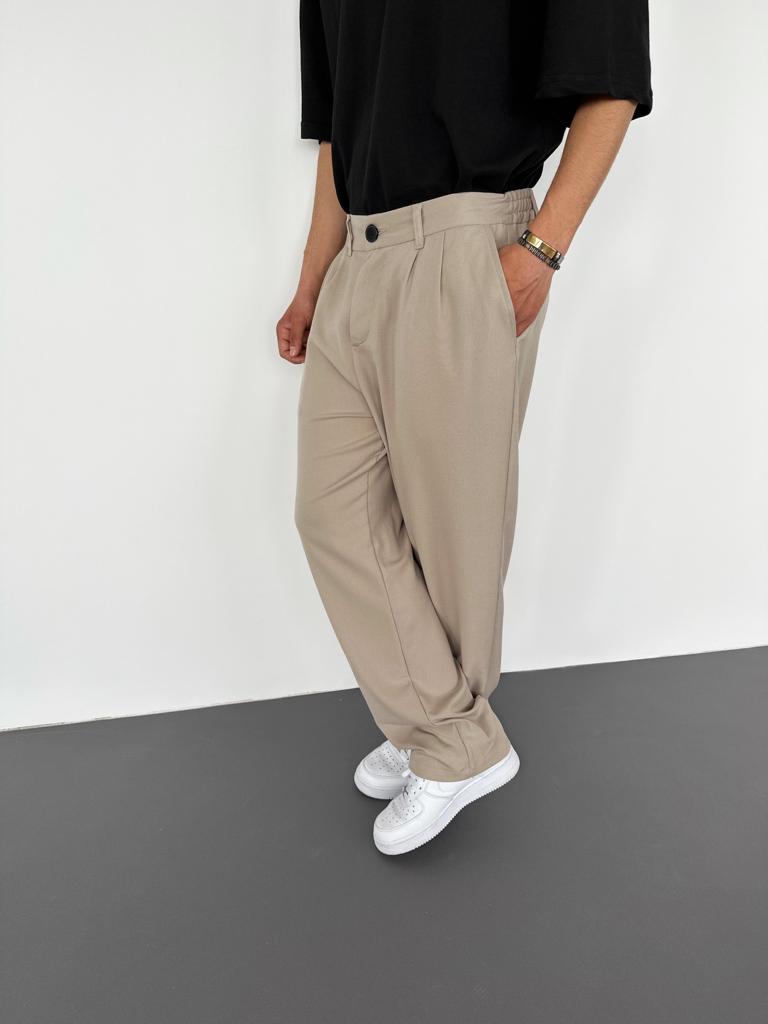 Beige Loose Patterned Fabric Trousers