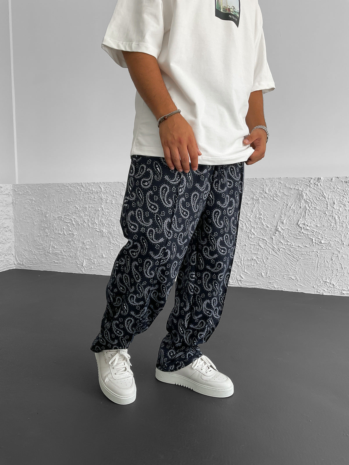 Navy Blue Patterned Loose Fit Trousers