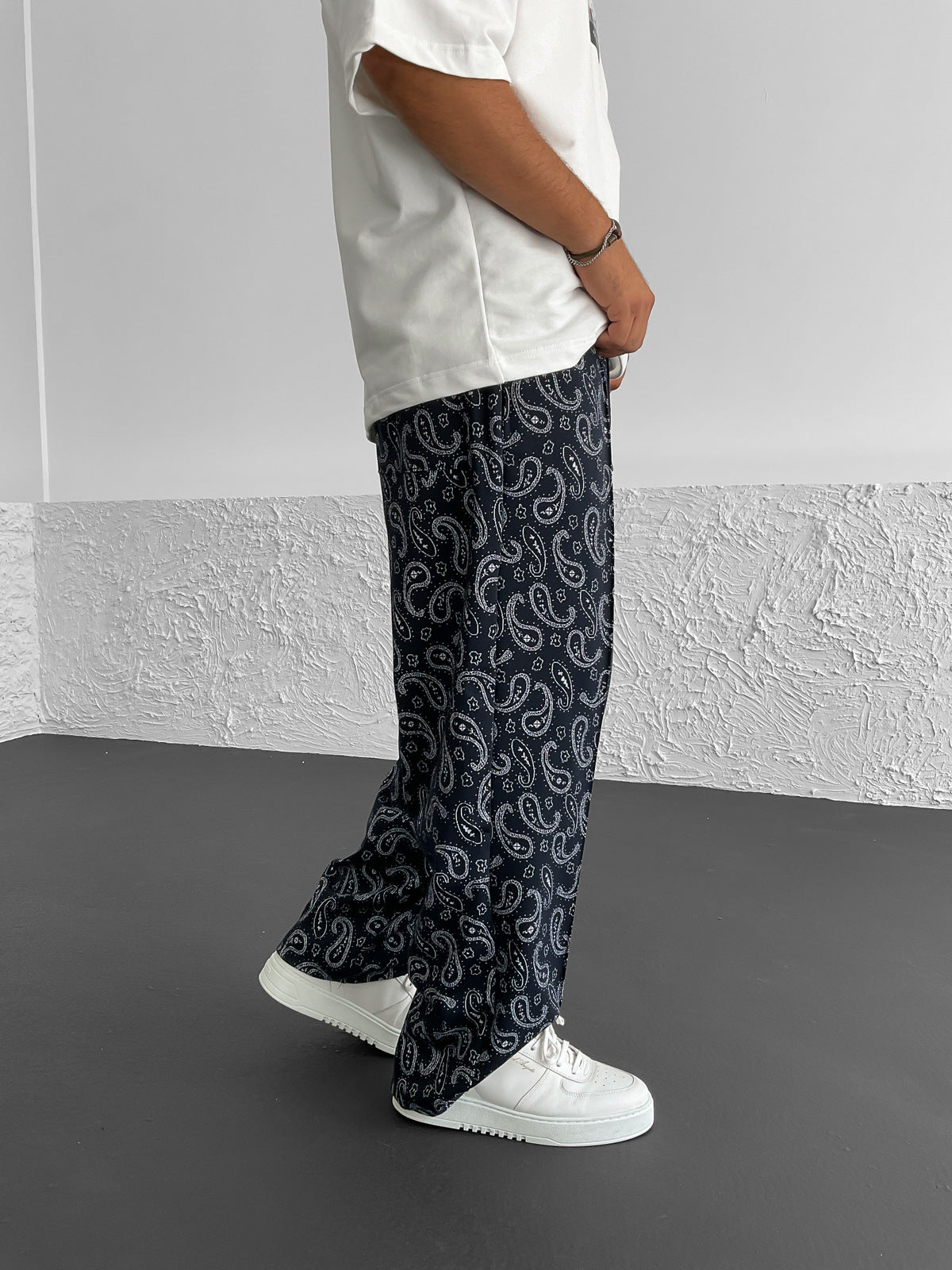 Navy Blue Patterned Loose Fit Trousers