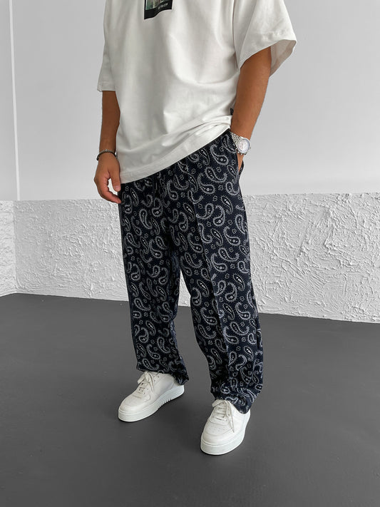 Navy Blue Patterned Loose Fit Trousers