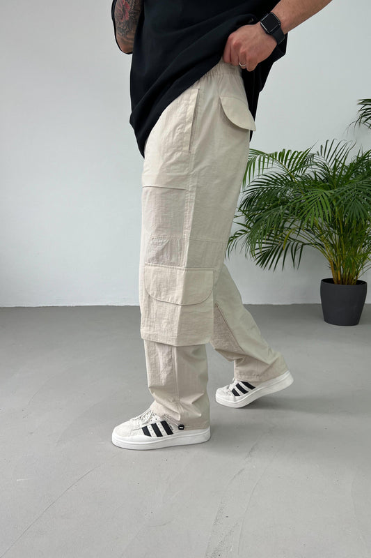 Beige Parachute Cargo Pants